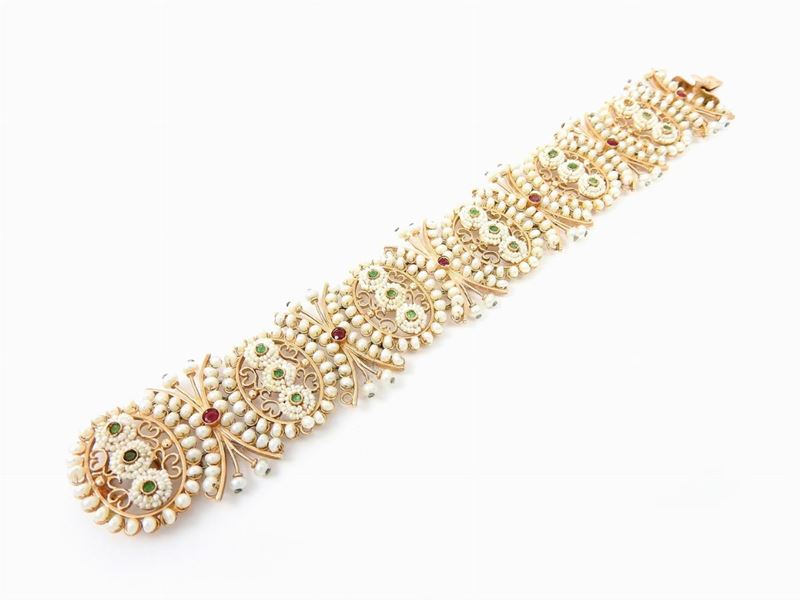Bracciale in Oro Giallo 500/1000, Micro Perle, Rubini e Smeraldi