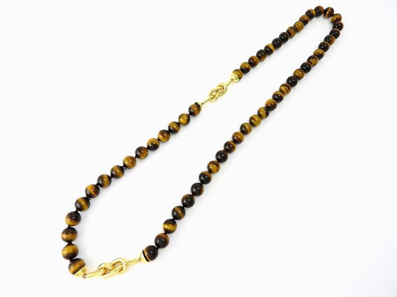 Lunga Collana in Occhio di Tigre con Inserti in Oro Giallo