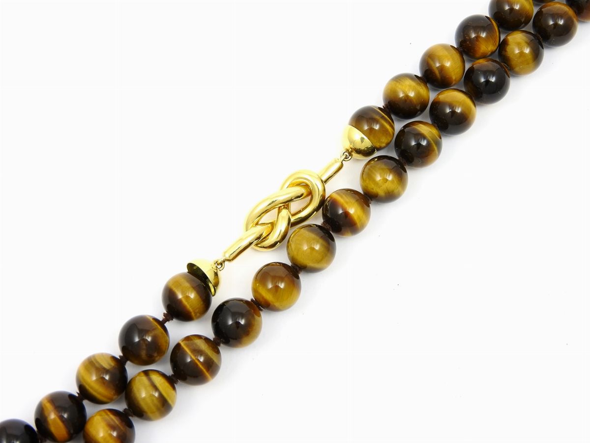 Lunga Collana in Occhio di Tigre con Inserti in Oro Giallo