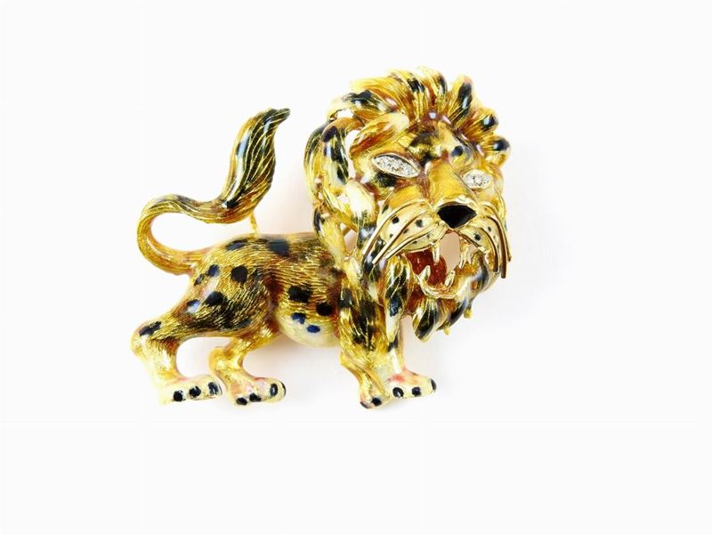 Spilla Animalier in Oro Giallo, Smalti Policromi e Diamanti