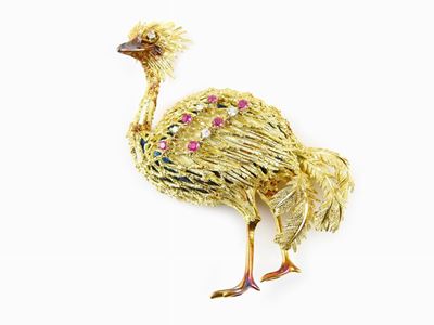 Spilla Animalier in Oro Giallo, Smalti Policromi, Diamanti e Rubini