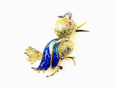 Spilla Animalier in Oro Giallo, Smalti Policromi, Diamanti, Rubini e Zaffiri