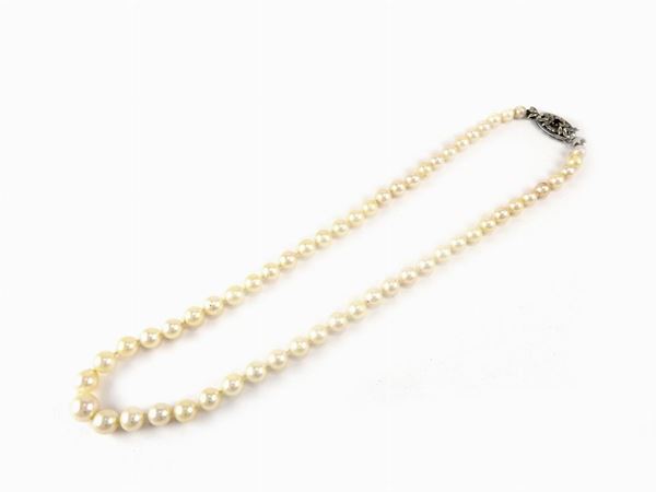 Graduated cultured Akoya pearls necklace with white gold clasp set with sapphire