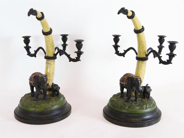 A Pair of Patinated Metal and Faux Ivory Candelabra  - Auction Forniture and Old Master Paintings - Second session - III - Maison Bibelot - Casa d'Aste Firenze - Milano
