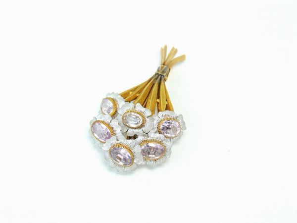 Mario Buccellati satin yellow and white gold brooch with lilac colour amethysts