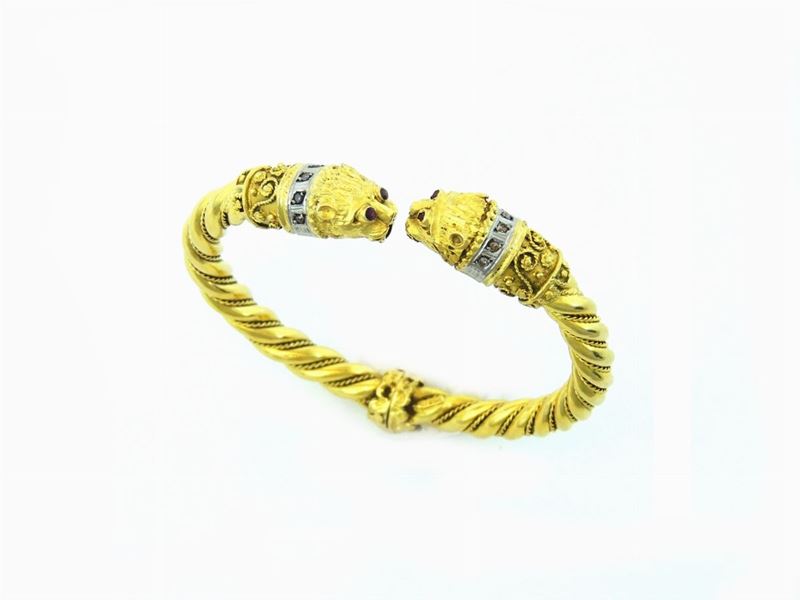 Bracciale Rigido in Oro Giallo e Bianco con Diamanti