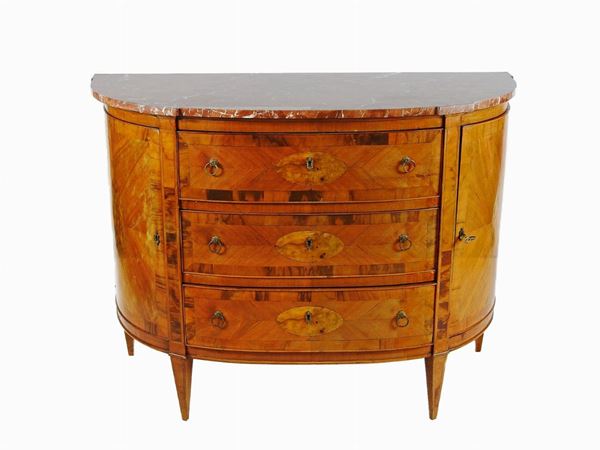 A Walnut and Burr Half Moon Chest of Drawers with a Pair of Night Tables