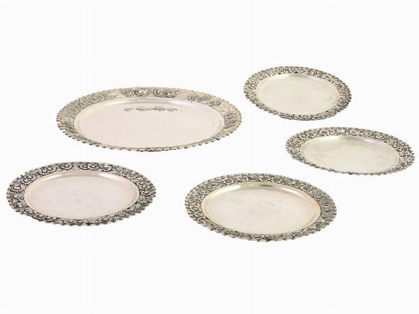 A Set of Four Silver Dishes with a Round Tray