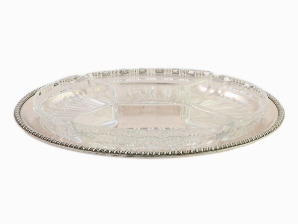 A Silver Tray With Four Crystal Hors d'Oeuvre Dishes