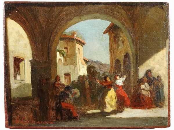 Vincenzo Cabianca - Scorcio di portico con scena di ballo popolare 1870 circa