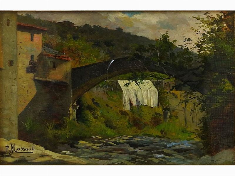 Pompeo Massani - Paesaggio Toscano con Ponte
