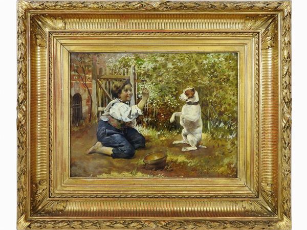 Edouard Loevy - Scorcio di giardino con bambino e cane