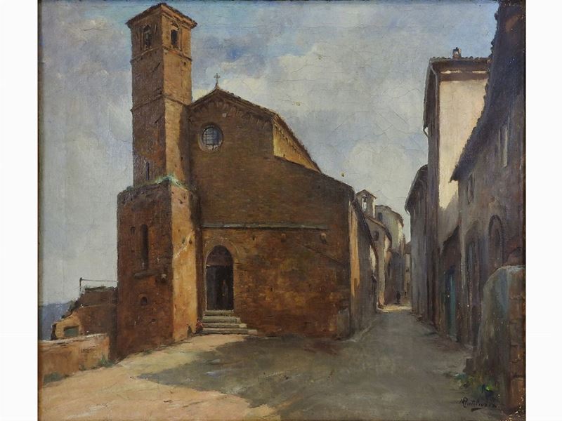 Rutilio Muti - Scorcio di Paese con Veduta di Chiesa 1940