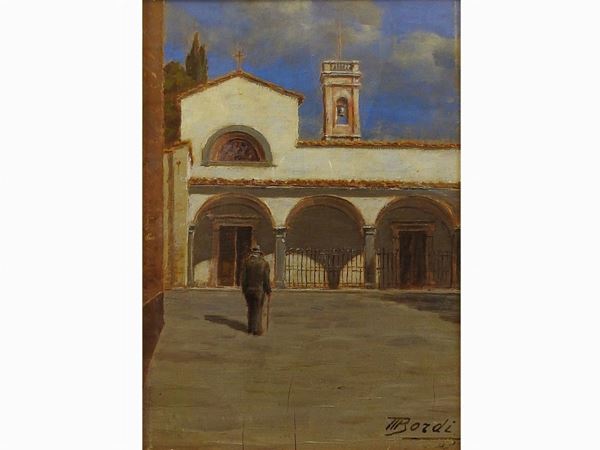 Mario Bordi - Veduta di Chiesa di S. Michele a Rovezzano con figura