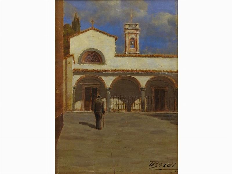 Mario Bordi - Veduta di Chiesa di S. Michele a Rovezzano con Figura