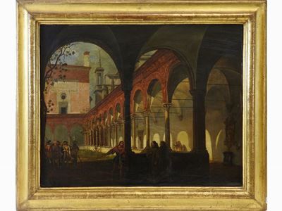 Veduta di Chiostro con Personaggi e Frati