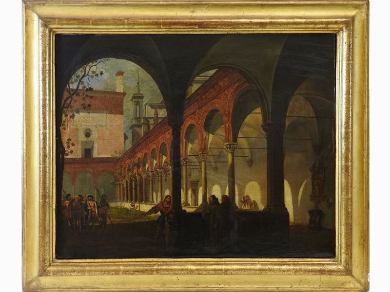 Scuola Italiana del XIX Secolo - Veduta di Chiostro con Personaggi e Frati