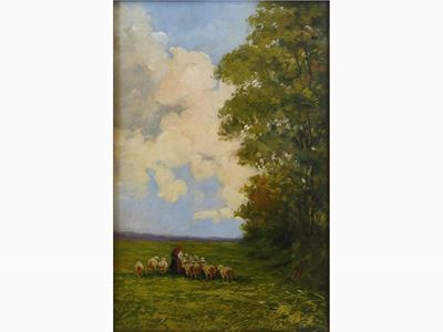 Scorcio di Casa con Personaggi e Paesaggio Campestre con Gregge e Pastorella