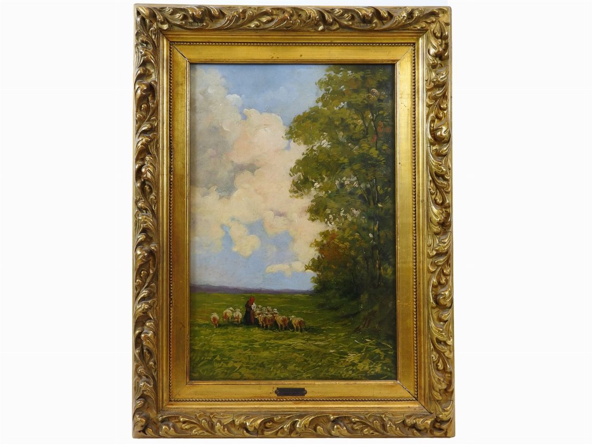 Nasa - Scorcio di Casa con Personaggi e Paesaggio Campestre con Gregge e Pastorella