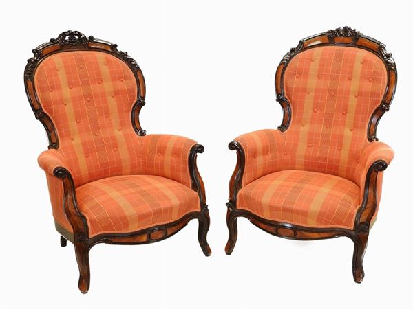 A Pair of Partially Ebonized Walnut Armchairs