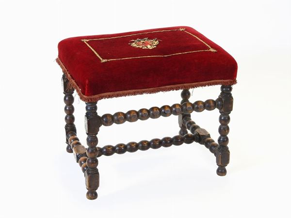 A Walnut and Red Velvet Stool