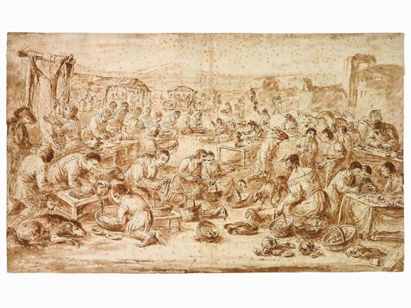 Seguace di Francesco Bassano del XVIII secolo - View of Local Market with Figures