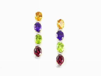 Orecchini Pendenti in Oro Giallo, Diamanti, Quarzi, Peridoti e Granati Rodolite