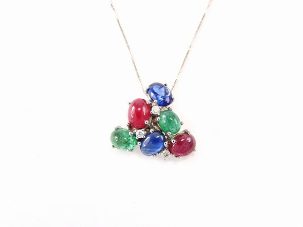 White gold small chain with pendant set with diamonds, rubies, sapphires and emeralds
