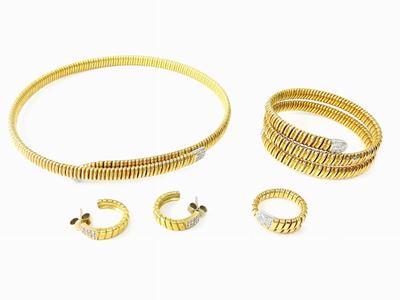 Parure Girocollo, Bracciale, Anello, Orecchini Maglia Tubogas in Oro Giallo e Bianco con Diamanti