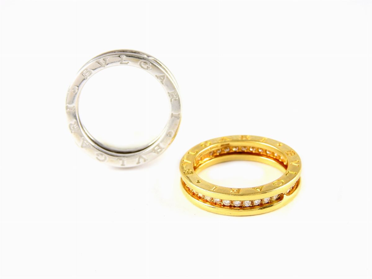 Coppia di Anelli a Fascia Bulgari in Oro Giallo e Bianco con Diamanti
