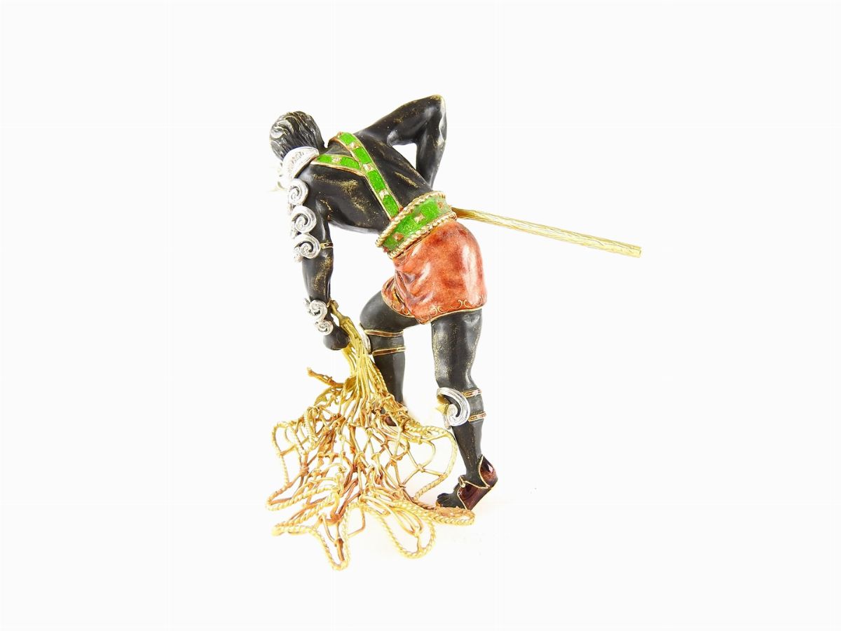 Scultura "gladiatore" in Oro Giallo e Bianco, Diamanti e Smalti Policromi