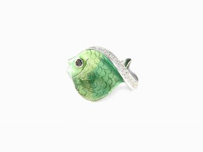 Anello Animalier Bibigi in Oro Bianco, Diamanti e Smalti Policromi