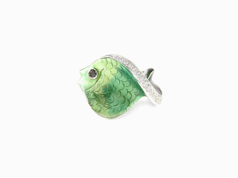Anello Animalier Bibigi in Oro Bianco, Diamanti e Smalti Policromi