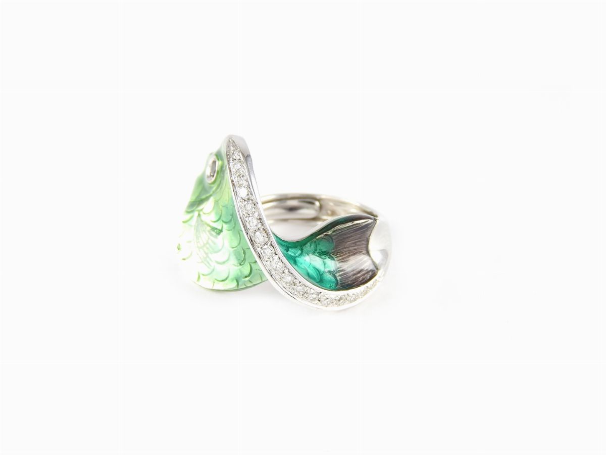 Anello Animalier Bibigi in Oro Bianco, Diamanti e Smalti Policromi