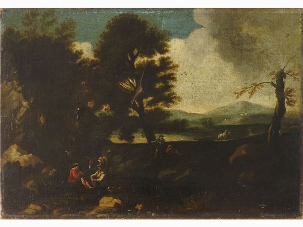 Scuola napoletana della fine XVII/inizio del XVIII secolo - Paesaggio fluviale con personaggi