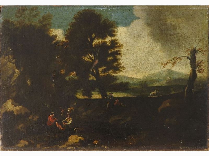 Scuola Napoletana della Fine XVII/inizio del XVIII Secolo - Paesaggio Fluviale con Personaggi