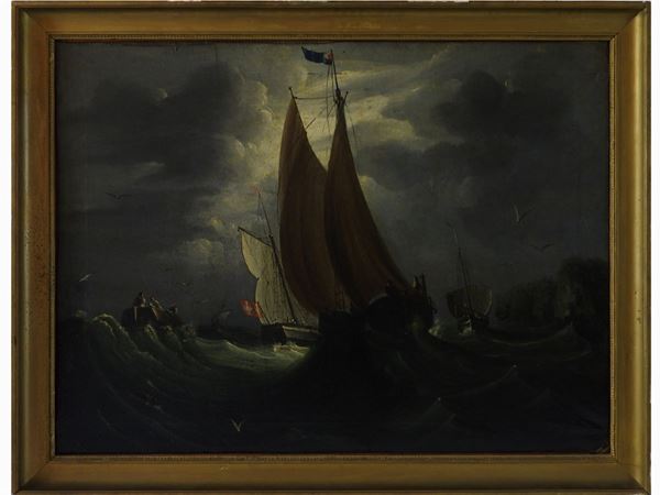 Cerchia di Willem van de Velde il giovane - Marina con velieri in tempesta
