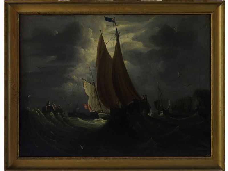 Cerchia di Willem Van De Velde il Giovane - Marina con Velieri in Tempesta