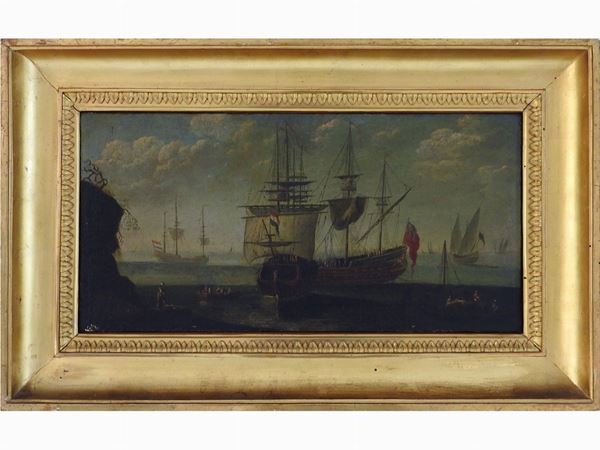 Scuola olandese del XVII/XVIII secolo - Paesaggio marino con velieri
