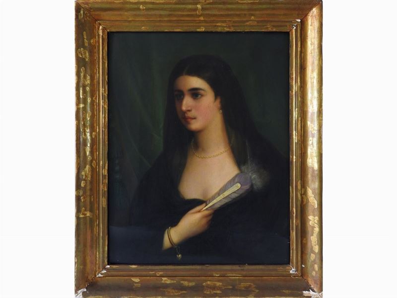 Pittore Spagnolo della Fine del XIX Secolo - Ritratto di Donna con Ventaglio