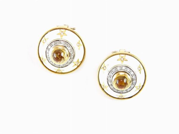 Yellow gold earrings with enamel, diamonds and citrines
