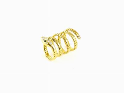 Anello Animalier a Maglia Tubogas in Oro Giallo, Diamanti e Smeraldi