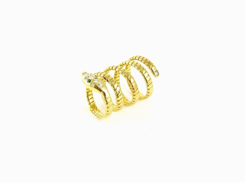 Anello Animalier a Maglia Tubogas in Oro Giallo, Diamanti e Smeraldi