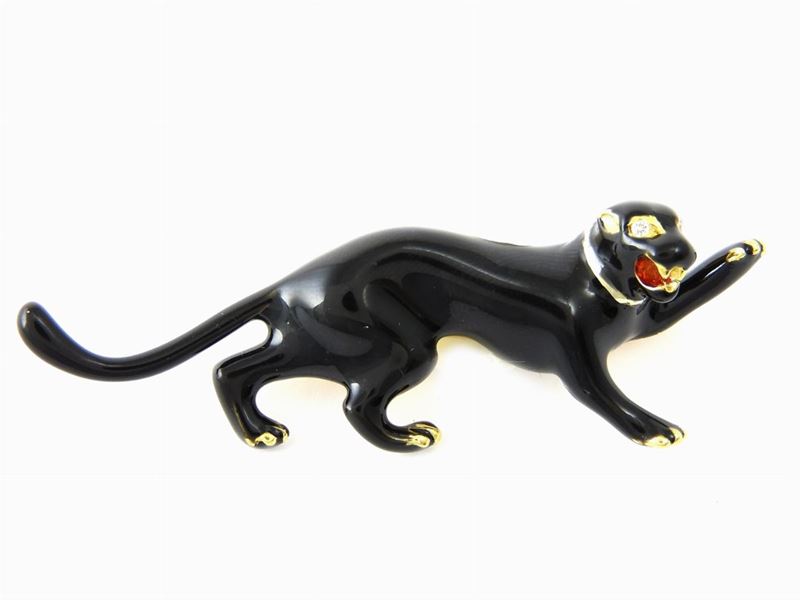 Spilla Animalier Le.gi. in Oro Giallo, Smalto e Diamante
