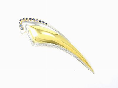 Spilla in Oro Giallo e Bianco con Diamanti e Zaffiri