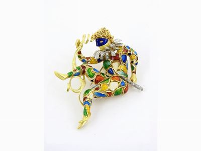 Spilla Arlecchino in Oro Giallo e Bianco, Piccoli Diamanti e Smalti Policromi