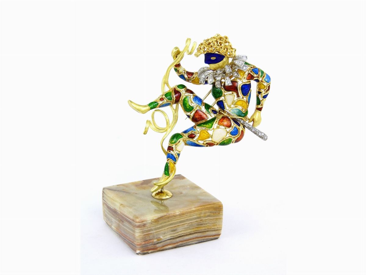 Spilla Arlecchino in Oro Giallo e Bianco, Piccoli Diamanti e Smalti Policromi