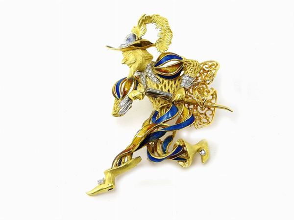 White and yellow gold "Captain Fracassa" brooch with small diamonds and multicolour enamels
