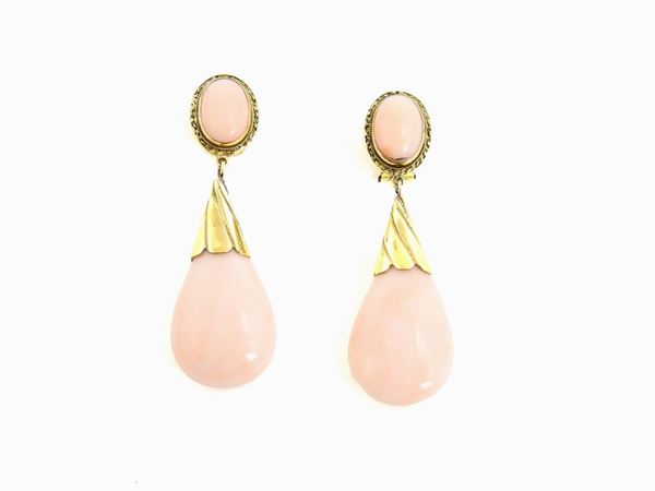 Yellow gold and pink coral ear pendants