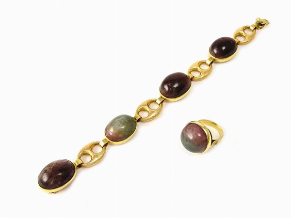 Yellow gold demi parure bracelet and ring with multicolour tourmalines